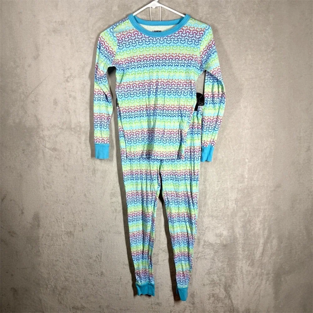 Lands End Snug Fit Rainbow Heart Pajamas Size 16 Long Sleeve Colorful Happy